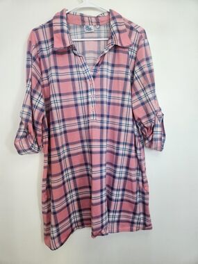 BLUE CRUSH PLUS Pink Blue Plaid Roll Tab Sleeve Tunic Top Henley Blouse 3X🔥